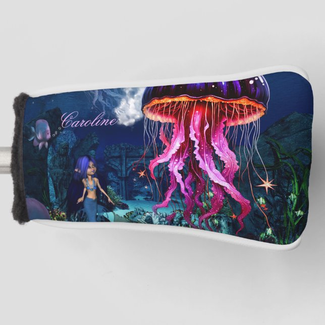 Cute mermaid looks at the beautiful jellyfish golf head cover (Front)