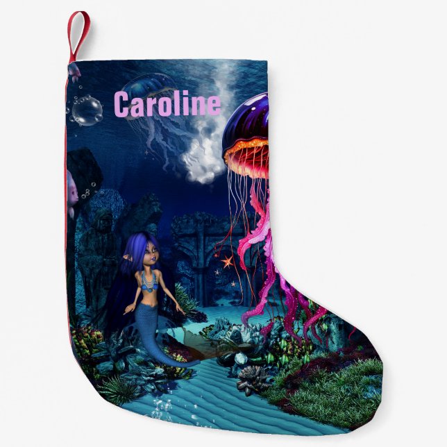 Cute mermaid looks at the beautiful jellyfish small christmas stocking (Front)