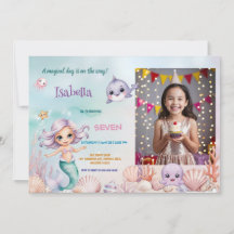 cute mermaid magical Photo birthday invitation