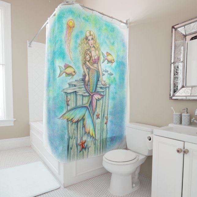 Cute Mermaid Mother and Daughter Art Shower Curtain (In Situ)