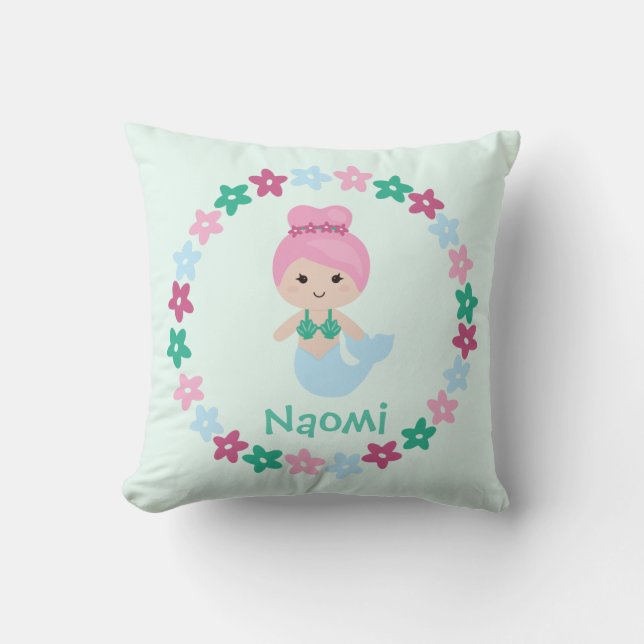 Cute Mermaid Name Pillow Mint Green and Pink (Front)