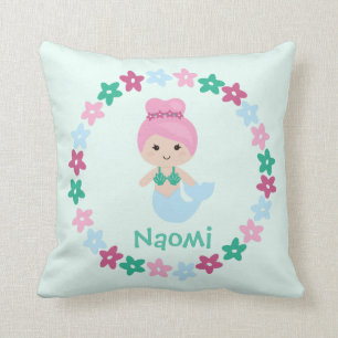 Cute Mermaid Name Pillow Mint Green and Pink