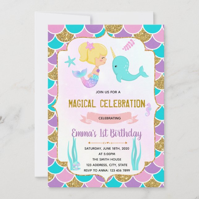 Cute mermaid narwhal theme invitation (Front)