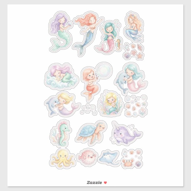 Cute Mermaid & Ocean Animals Sticker Set – Pastel  (Sheet)