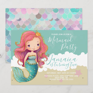 Cute Mermaid Ocean Beach Birthday Party  Sand Invitation