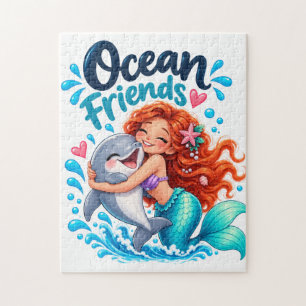 Cute Mermaid Ocean Friends Dolphin Design Jigsaw Puzzle