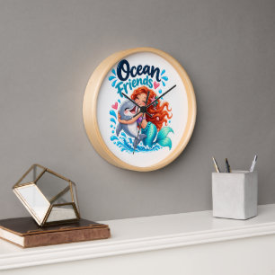 Cute Mermaid Ocean Friends Dolphin Design Keychain Clock