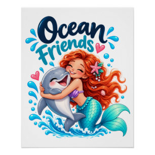Cute Mermaid Ocean Friends Dolphin Design Poster