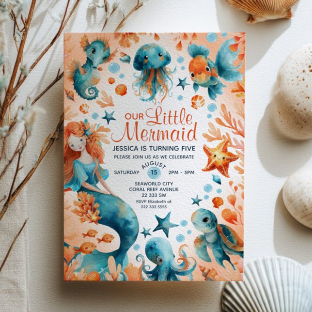Cute Mermaid Ocean Marine Life Girl Kids Birthday  Invitation (Creator Uploaded)