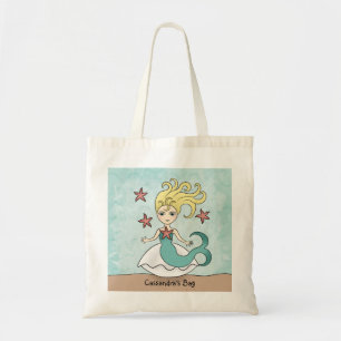 Cute mermaid on a shell with starfish tote bag