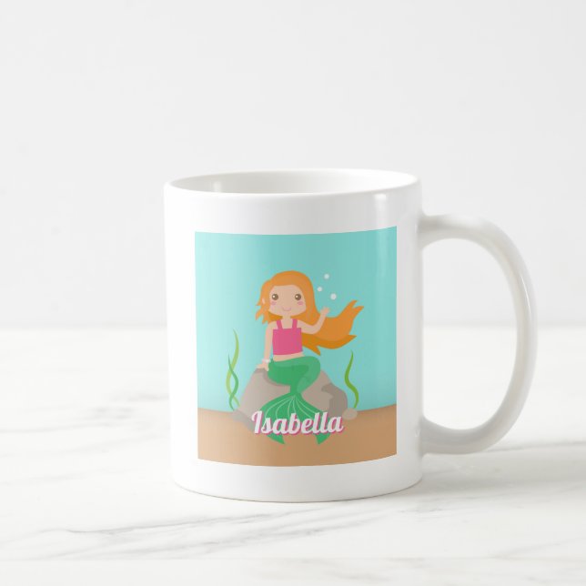 Cute Mermaid On Rock Girls Personalised Coffee Mug (Right)