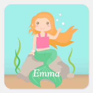 Cute Mermaid on Rock Girls Personalised Sticker