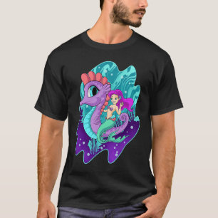 Cute Mermaid On Sea Horse Sirens Aquatic Creature  T-Shirt