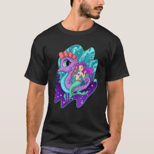 Cute Mermaid On Sea Horse Sirens Aquatic Creature T-Shirt