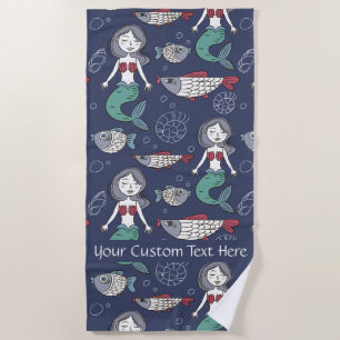 Cute Mermaid Pattern custom text beach towel