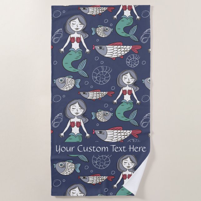 Cute Mermaid Pattern custom text beach towel (Front)