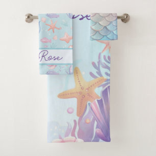 Cute Mermaid Pattern Personalised Girly Bath Towel Set