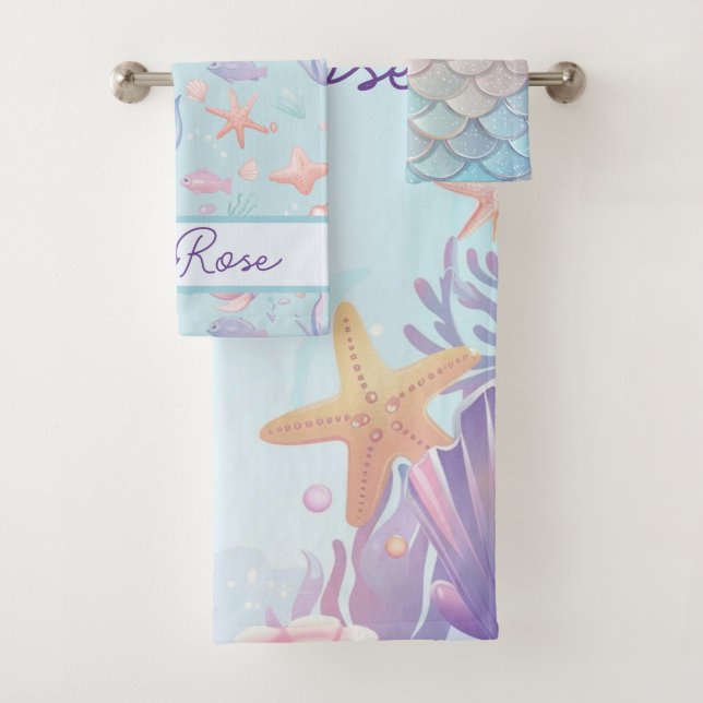 Cute Mermaid Pattern Personalised Girly  Bath Towel Set (Insitu)