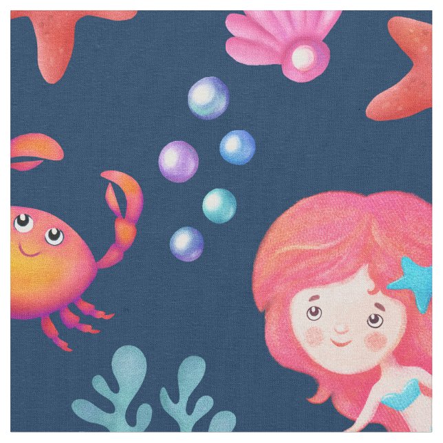Cute Mermaid Pattern Underwater Theme Nursery Fabric (Close Up)