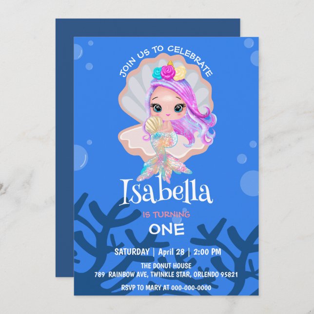 Cute Mermaid pearl Rainbow whale Birthday party  Invitation (Front/Back)