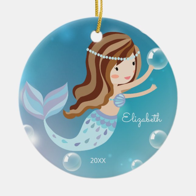 Cute Mermaid Personalised Christmas Ornament (Front)