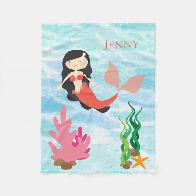 Cute Mermaid Personalised Fleece Baby Blanket (Front)