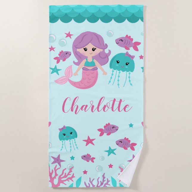 Cute Mermaid Personalised Girl Beach Towel (Front)