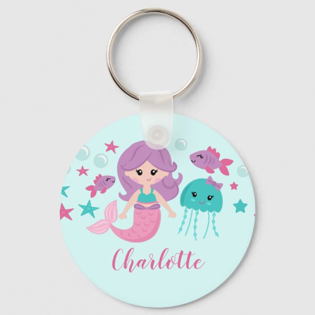 Cute Mermaid Personalised Girl Key Ring (Front)