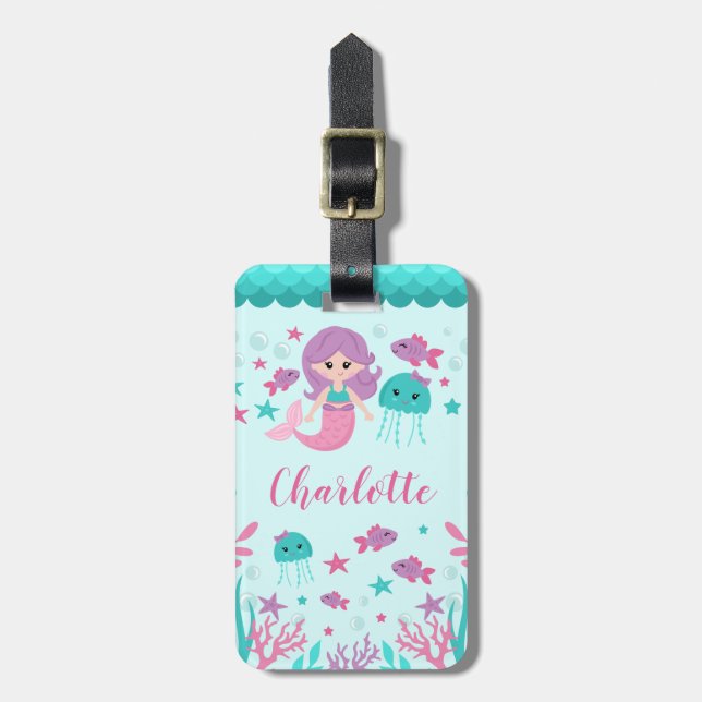 Cute Mermaid Personalised Girl Luggage Tag (Front Vertical)
