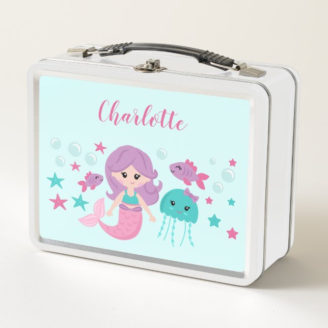 Cute Mermaid Personalised Girl Metal Lunch Box (Front)