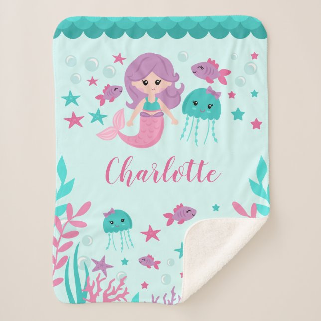 Cute Mermaid Personalised Girl Sherpa Blanket (Front)