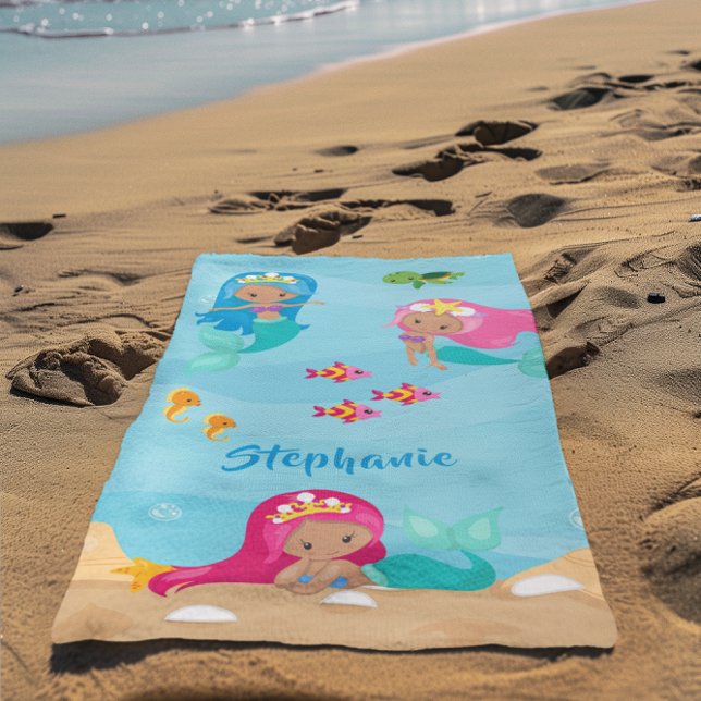 Cute Mermaid Personalised Girly Under the Sea Beach Towel (Cute Mermaid Personalized Girly Under the Sea Beach Towel)
