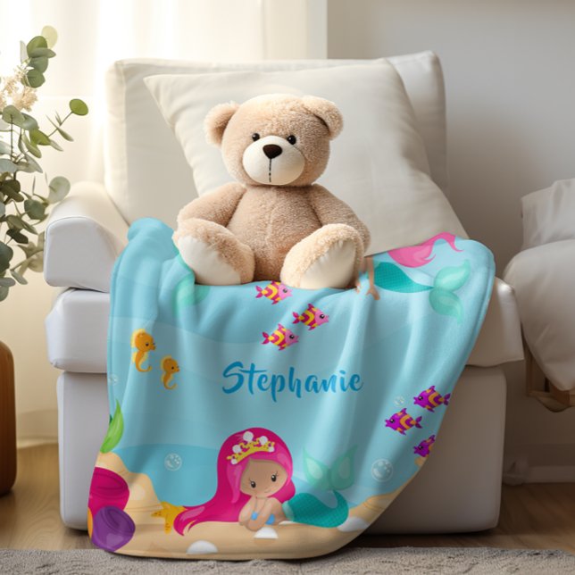 Cute Mermaid Personalised Girly Under the Sea Fleece Blanket (Cute Mermaid Personalized Girly Under the Sea Fleece Blanket)