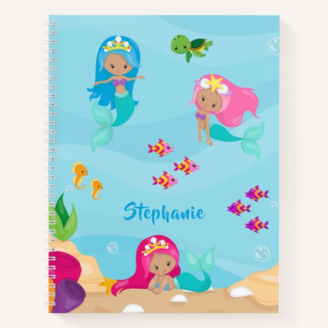 Cute Mermaid Personalised Girly Under the Sea Notebook (Front)