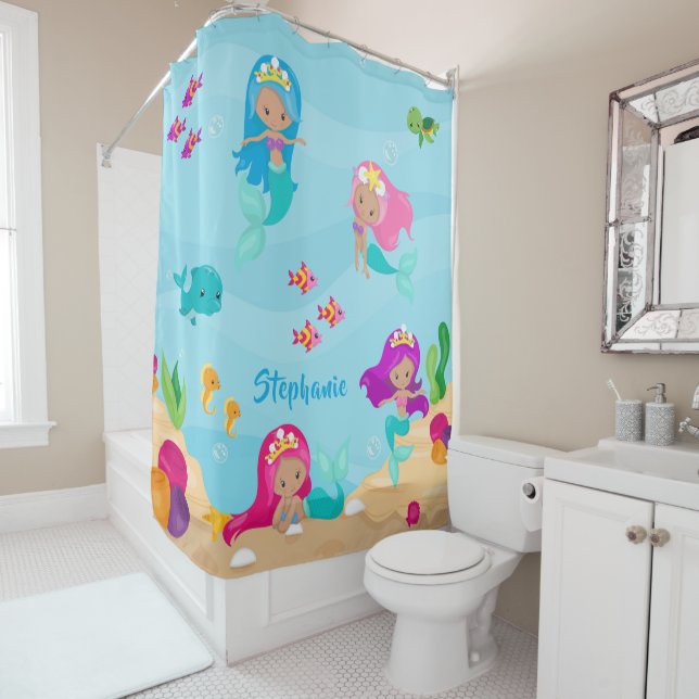 Cute Mermaid Personalised Girly Under the Sea Shower Curtain (In Situ)