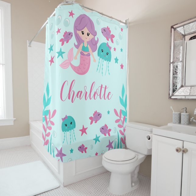 Cute Mermaid Personalised Kids Shower Curtain (In Situ)