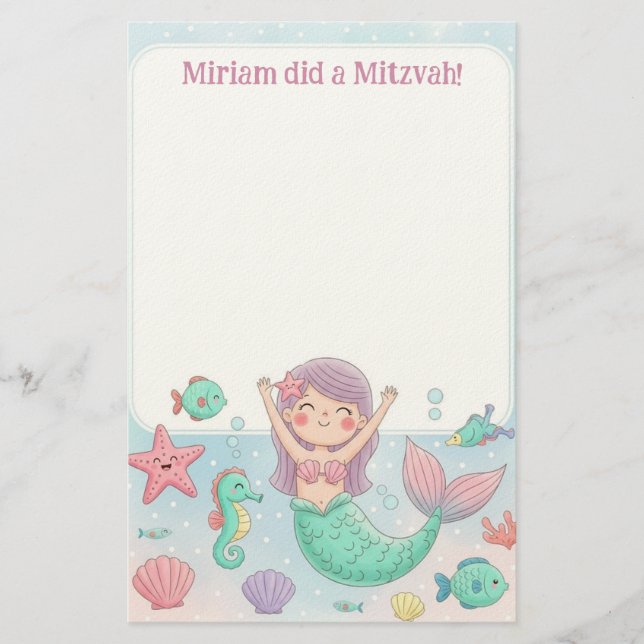 Cute Mermaid Personalised Mitzvah Note Stationery (Front)