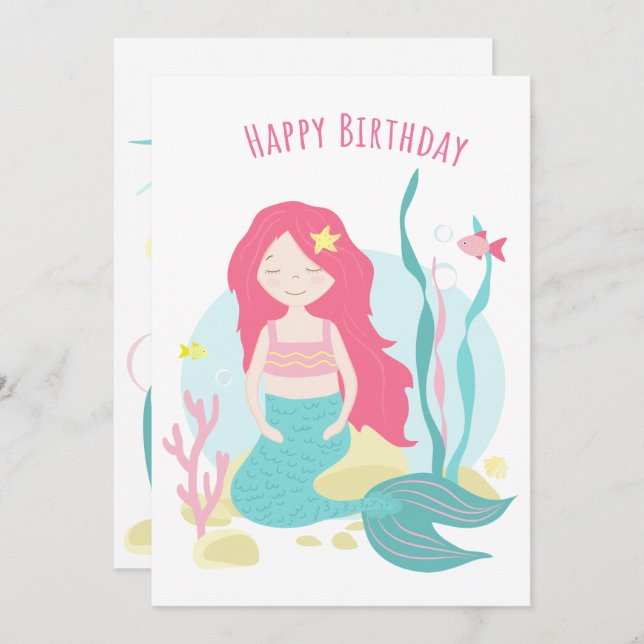    Cute Mermaid Pink and Mint Birthday for Girl (Front/Back)