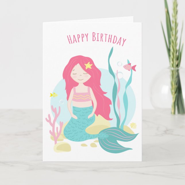    Cute Mermaid Pink and Mint Birthday for Girl Ca Card (Front)
