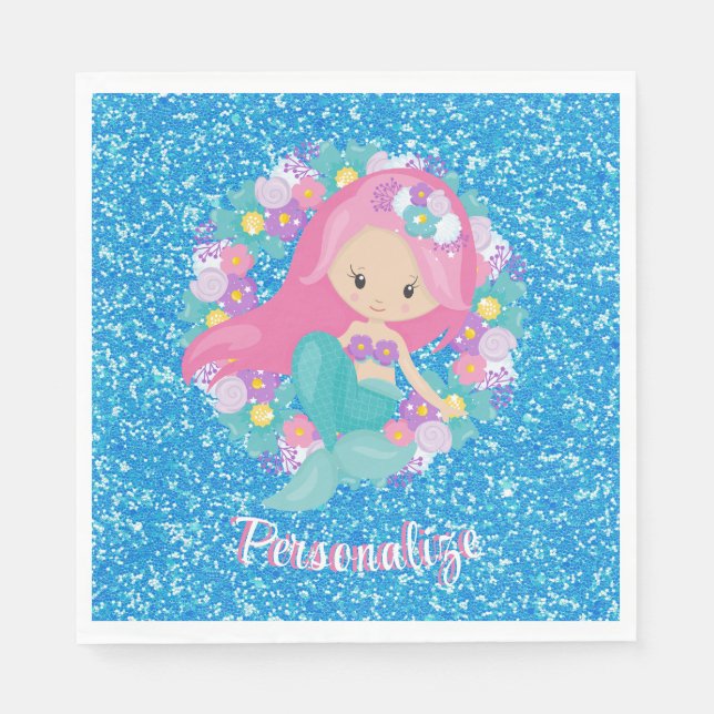 Cute Mermaid Pink Blue Glitter Personalise Napkin (Front)