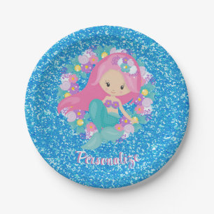 Cute Mermaid Pink Blue Glitter Personalise Paper Plate