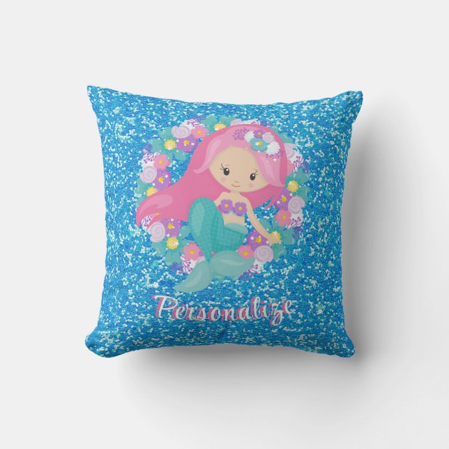Cute Mermaid Pink Blue Glitter Personalised Cushion (Front)