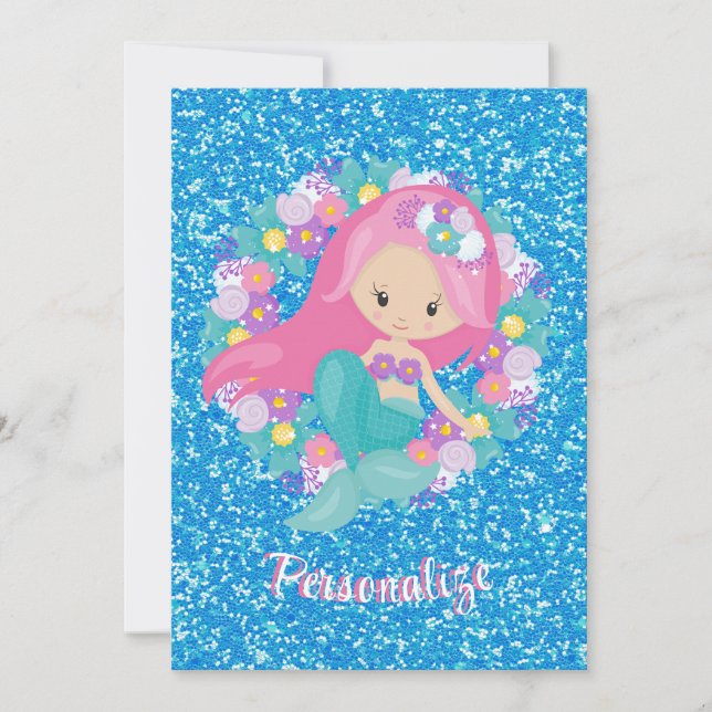 Cute Mermaid Pink Blue Glitter Personalised Invitation (Front)
