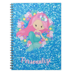 Cute Mermaid Pink Blue Glitter Personalised Notebook