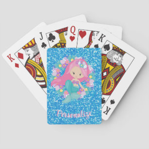 Cute Mermaid Pink Blue Glitter Personalised Playing Cards