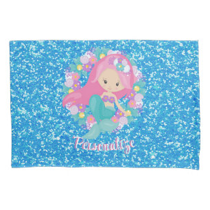 Cute Mermaid Pink Blue Glitter Personalized Pillowcase