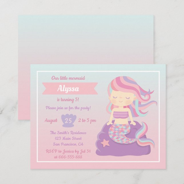Cute Mermaid Pink Blue Ombre Girls Birthday Party Invitation (Front/Back)