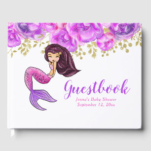 Cute Mermaid   Pink Peonies Floral Baby Shower Guest Book