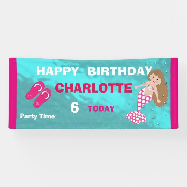 Cute Mermaid Pool Beach Swim Party Personalised Banner (Horizontal)