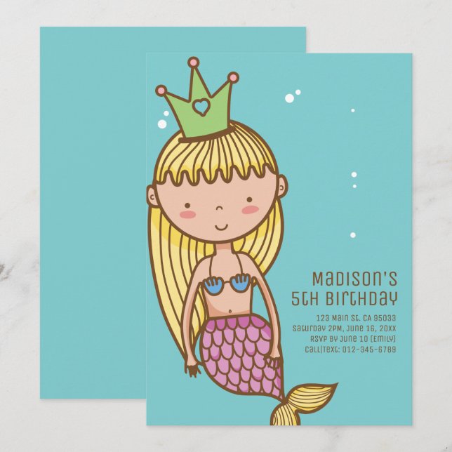 Cute Mermaid Princess Birthday Party Invitation (Front/Back)